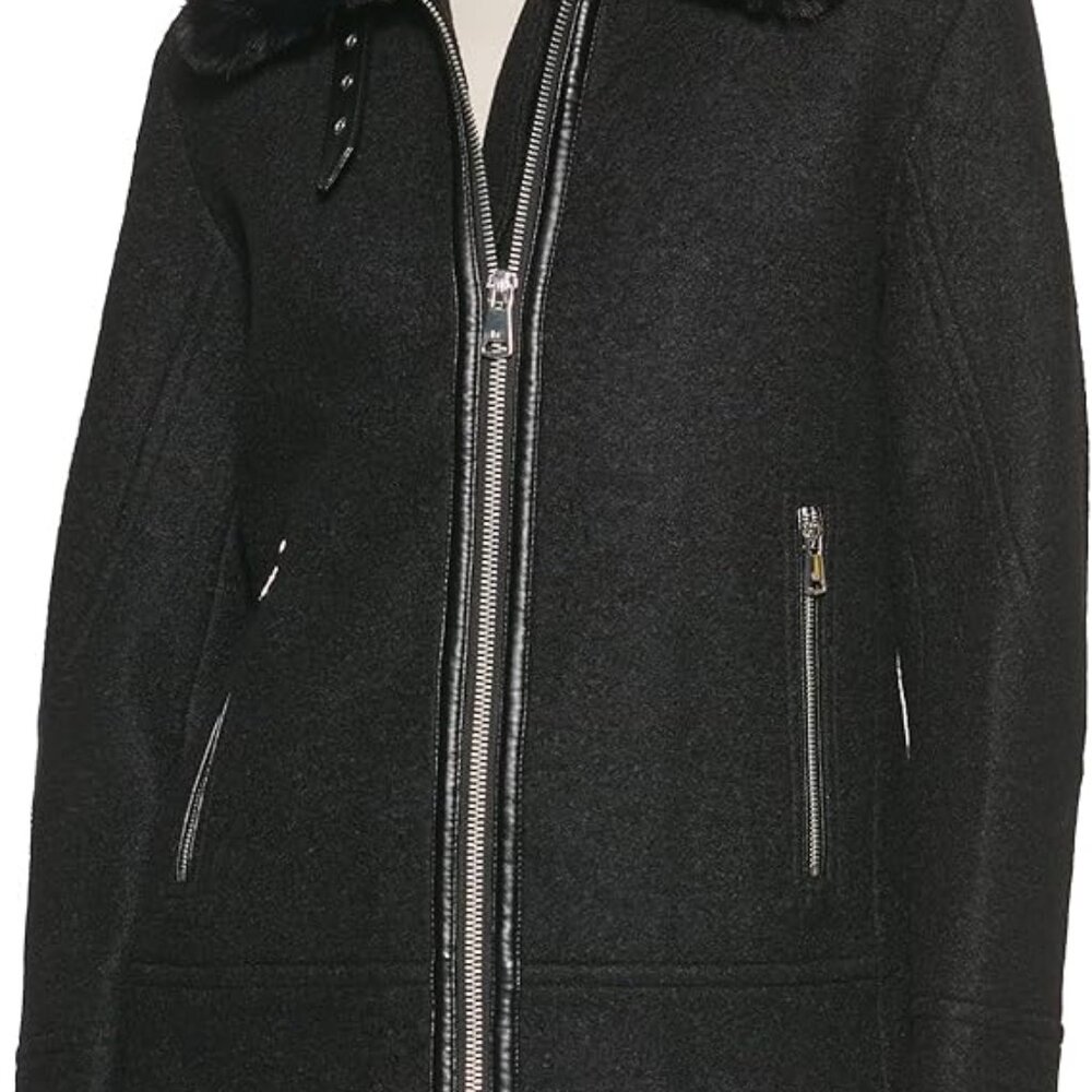 Kenneth Cole Women's Wool Coat, Fur Collar Black